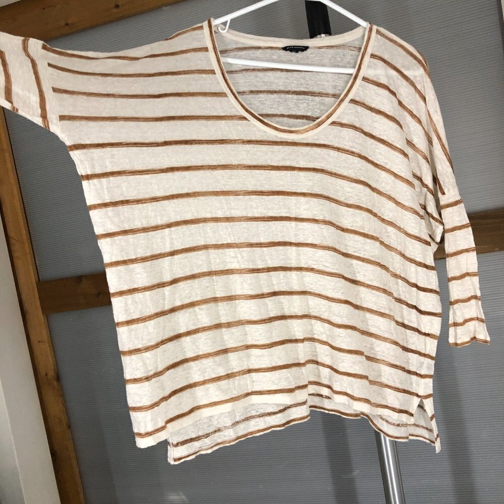 CLUB‎ MONACO 100% Linen Cream Brown Stripe 3/4 Sleeve Oversize Shirt Sz M/L - Picture 3 of 13